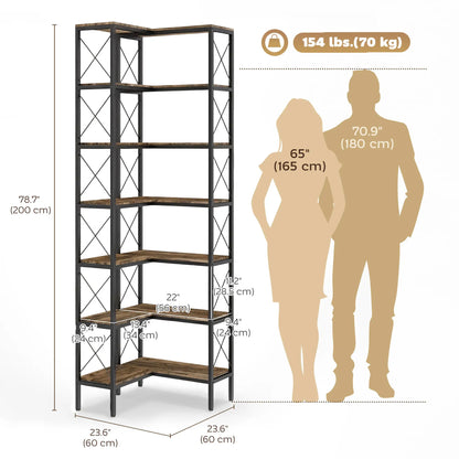 6-Tier L-Shaped Bookshelf, Freestanding Corner Bookcase with Metal Frame, Rustic Brown Display Bookshelves at Gallery Canada
