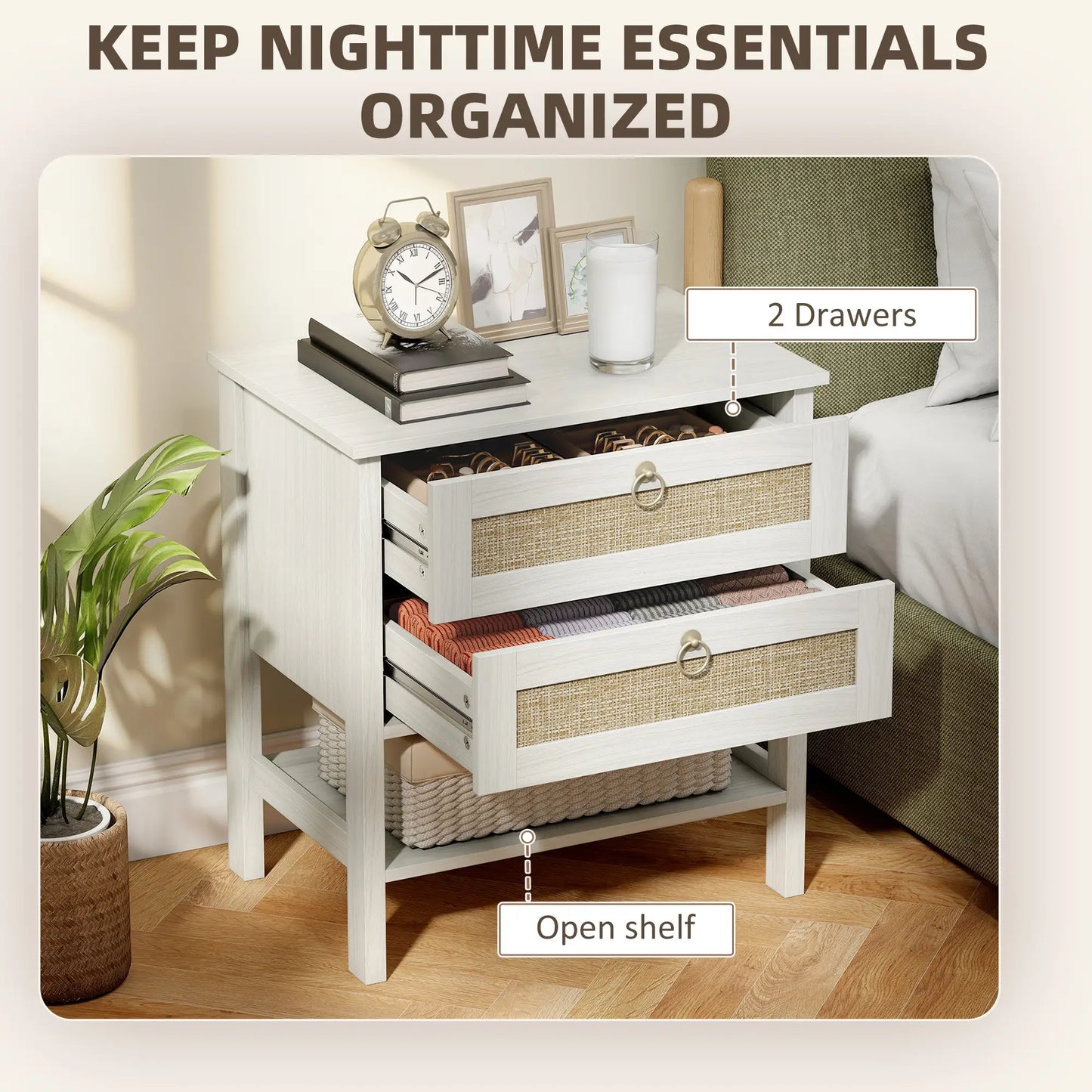 Set Of 2 Rattan Nightstands, 2 Drawers, Storage Shelf, White Oak Bedside Tables at Gallery Canada
