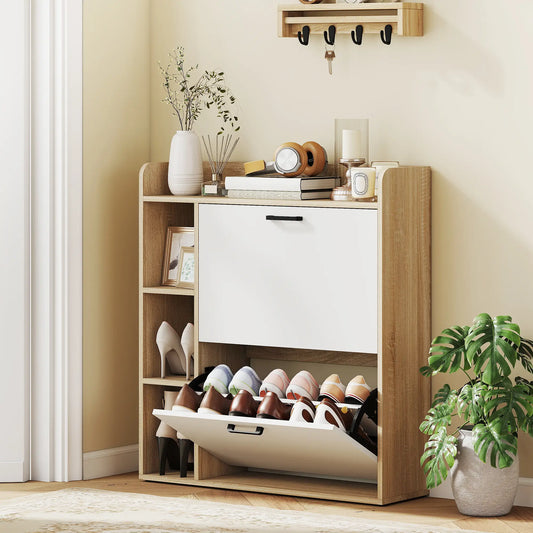 Shoe Cabinet with 2 Flip Drawers, 3 Side Compartments, Adjustable Shelves, 8-12 Pairs for Entryway Hallway, Natural Shoe Storage Cabinets & Racks Natural and White at Gallery Canada