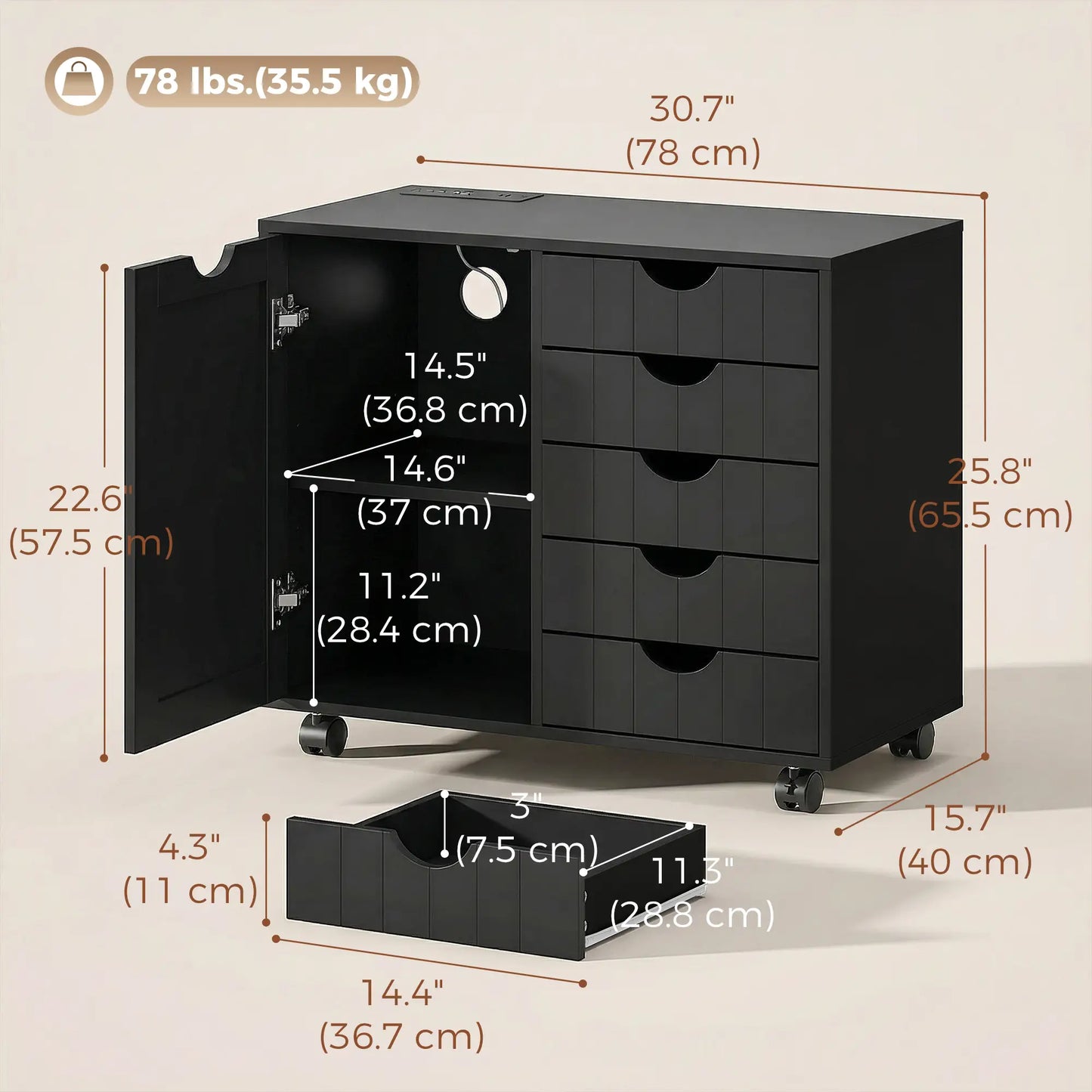 Mobile Lateral Filing Cabinet with 5 Drawers, Printer Stand, Black Office Cabinets & Cupboards at Gallery Canada