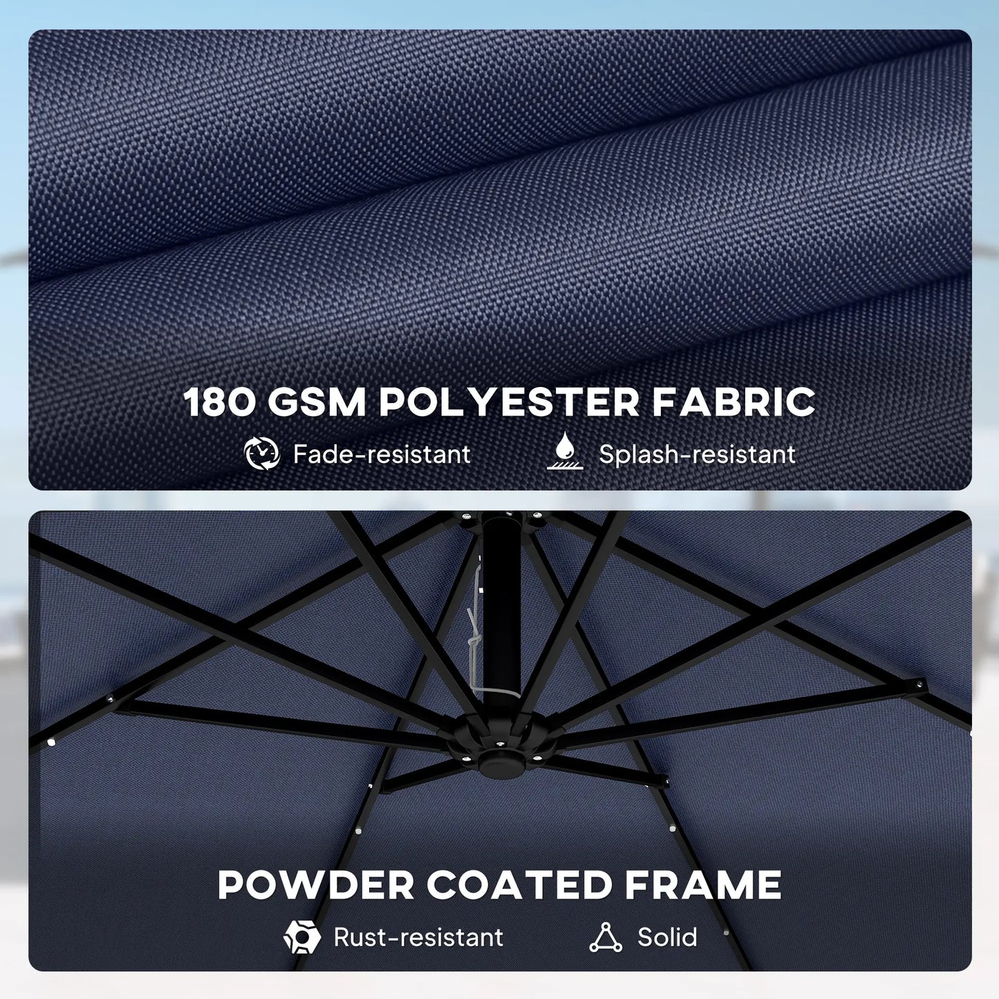 9.7ft Solar LED Cantilever Patio Umbrella, 32 LED Lights, Dark Blue Offset Cantilever Umbrellas at Gallery Canada