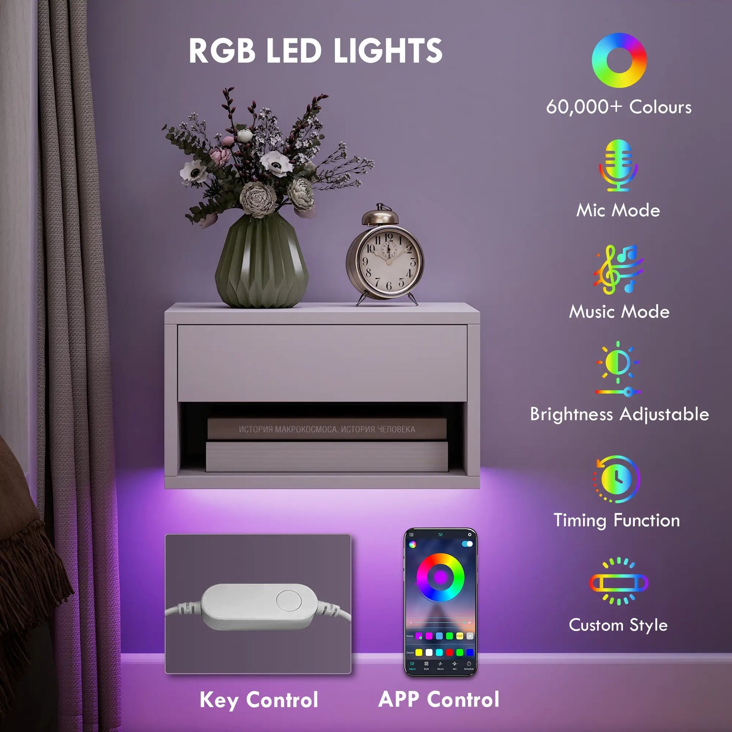 Table de chevet flottante lot de 2, lumières LED RVB, RVB