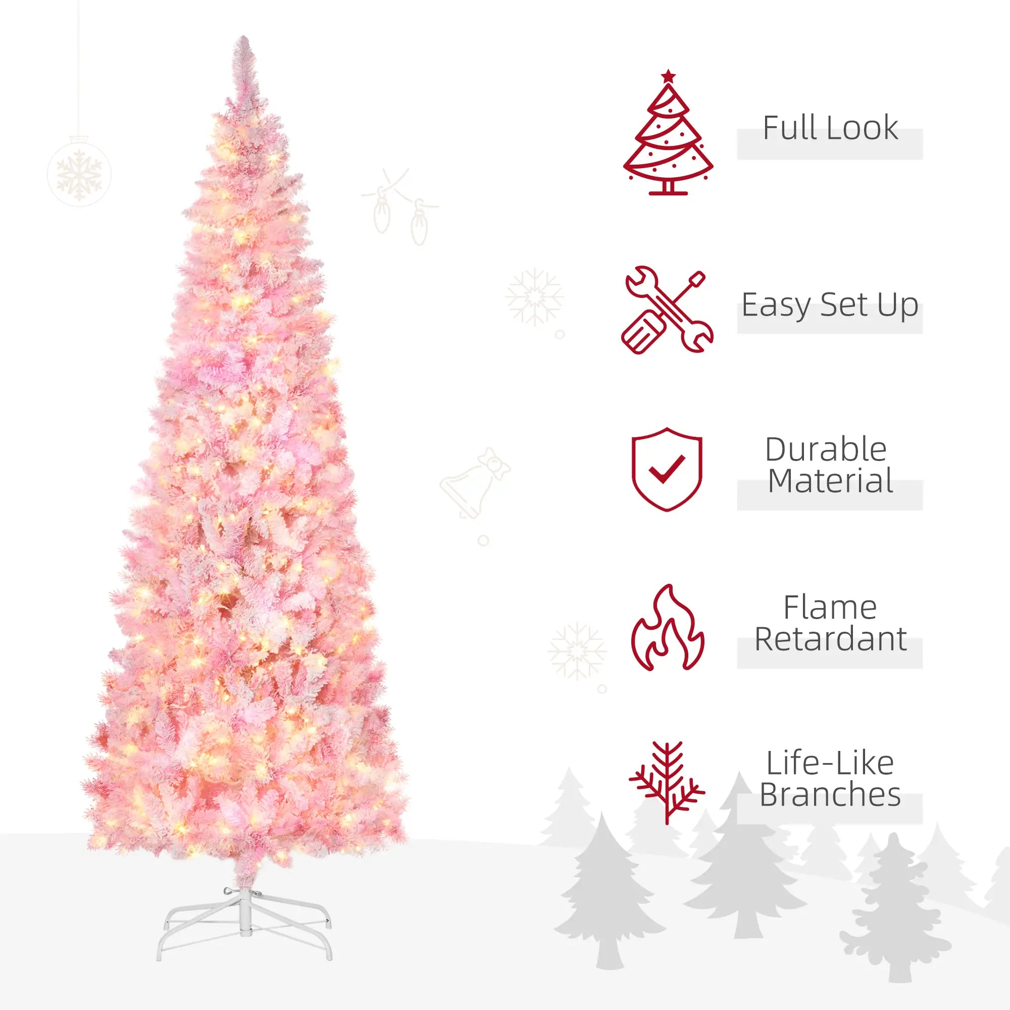 7.5 Foot Prelit Snow Flocked Christmas Tree, 700 Pine Branches, Warm White LED, White, Pink Pre Lit Christmas Trees at Gallery Canada