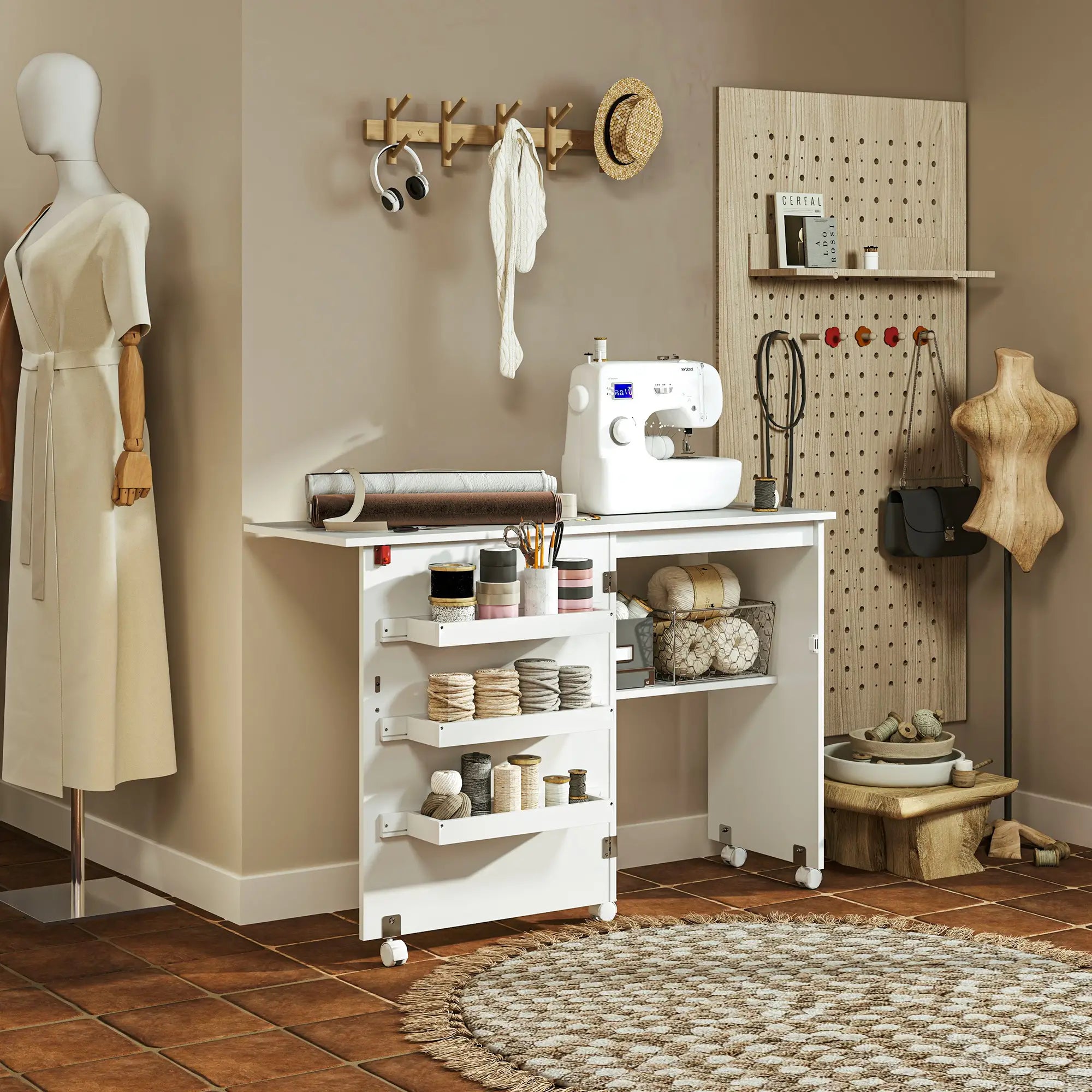 Folding Sewing Table with Storage, Lockable Wheels, White Storage Cabinets at Gallery Canada