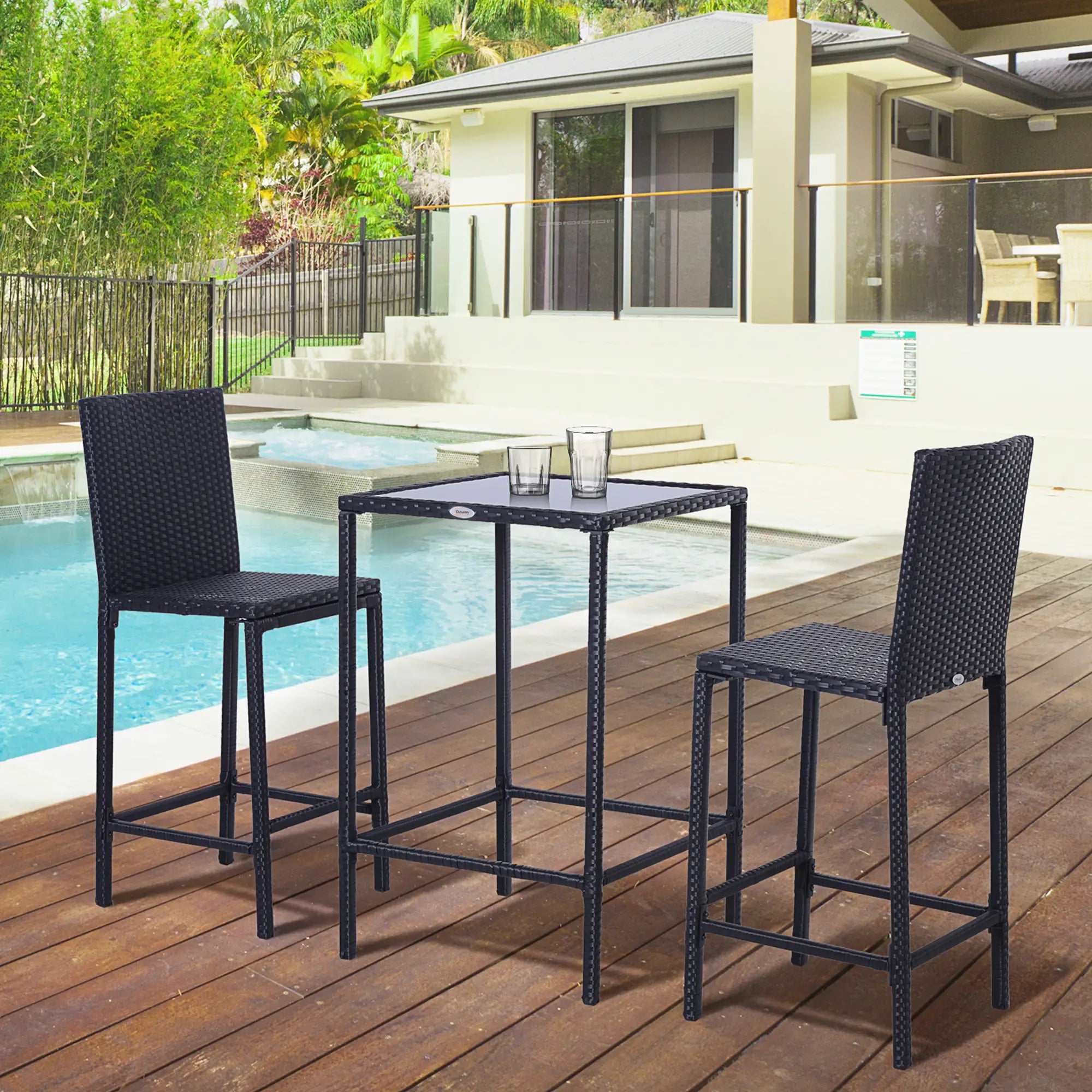 3 Piece Patio Bar Set, Wicker Rattan Bistro Table & 2 Stools, Black Bistro Sets at Gallery Canada