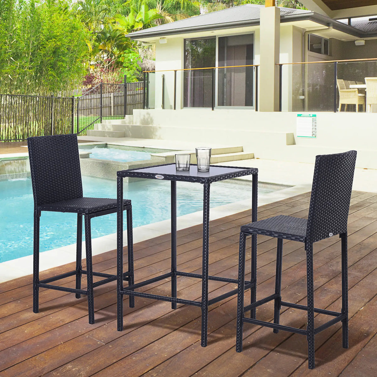 3 Piece Patio Bar Set, Wicker Rattan Bistro Table & 2 Stools, Black Bistro Sets at Gallery Canada