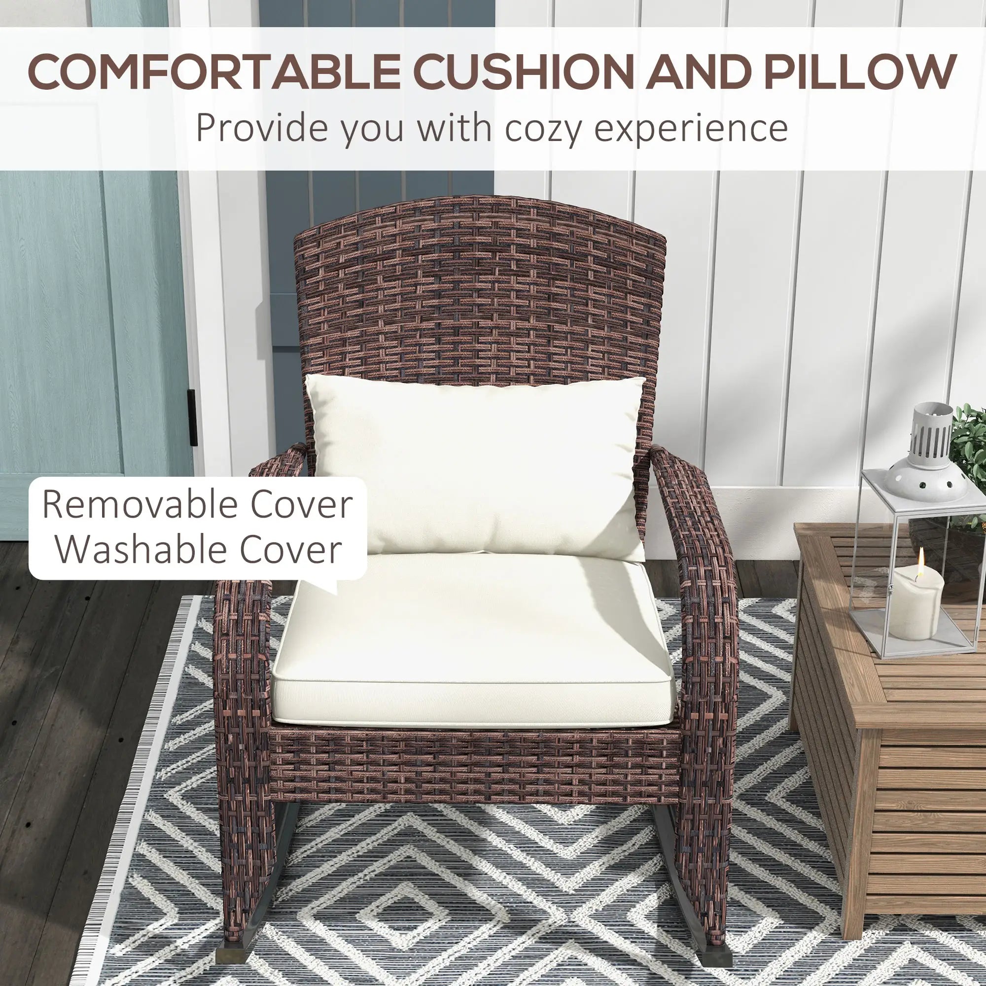 Outdoor Wicker Rocking Chair, High Back, Seat Cushion, Cream/Brown Outdoor Rocking Chairs at Gallery Canada
