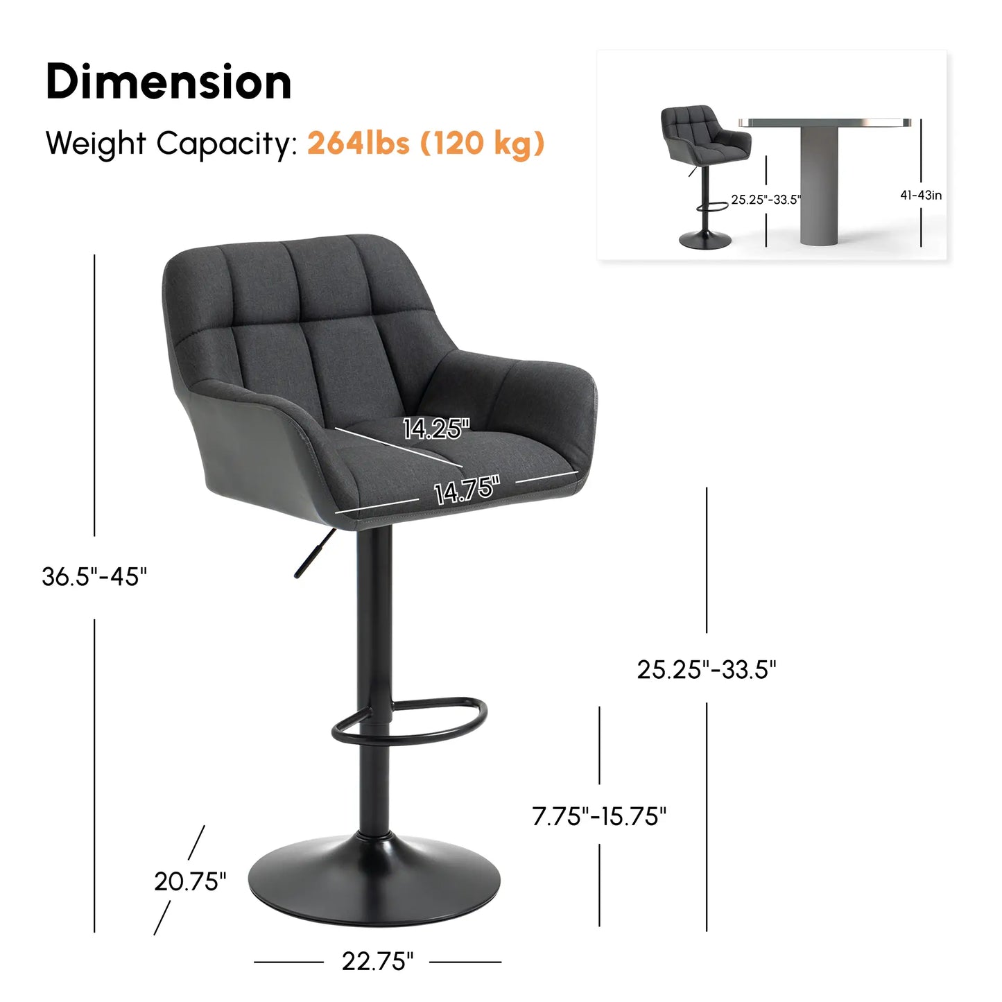 Swivel Barstools Set of 2, Adjustable Height, PU Leather, Grey