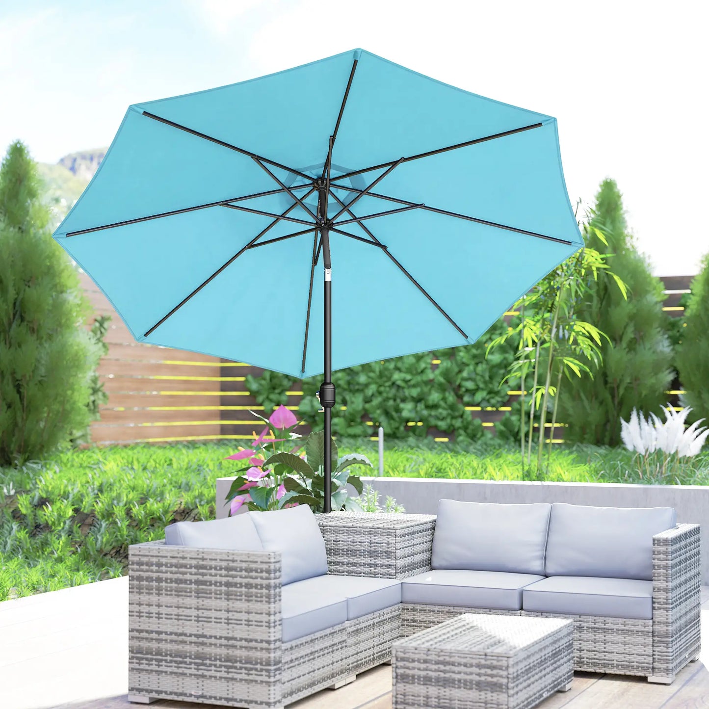 10' x 8' Round Market Umbrella, Crank Handle, Tilt, Sky Blue Sun Umbrellas at Gallery Canada