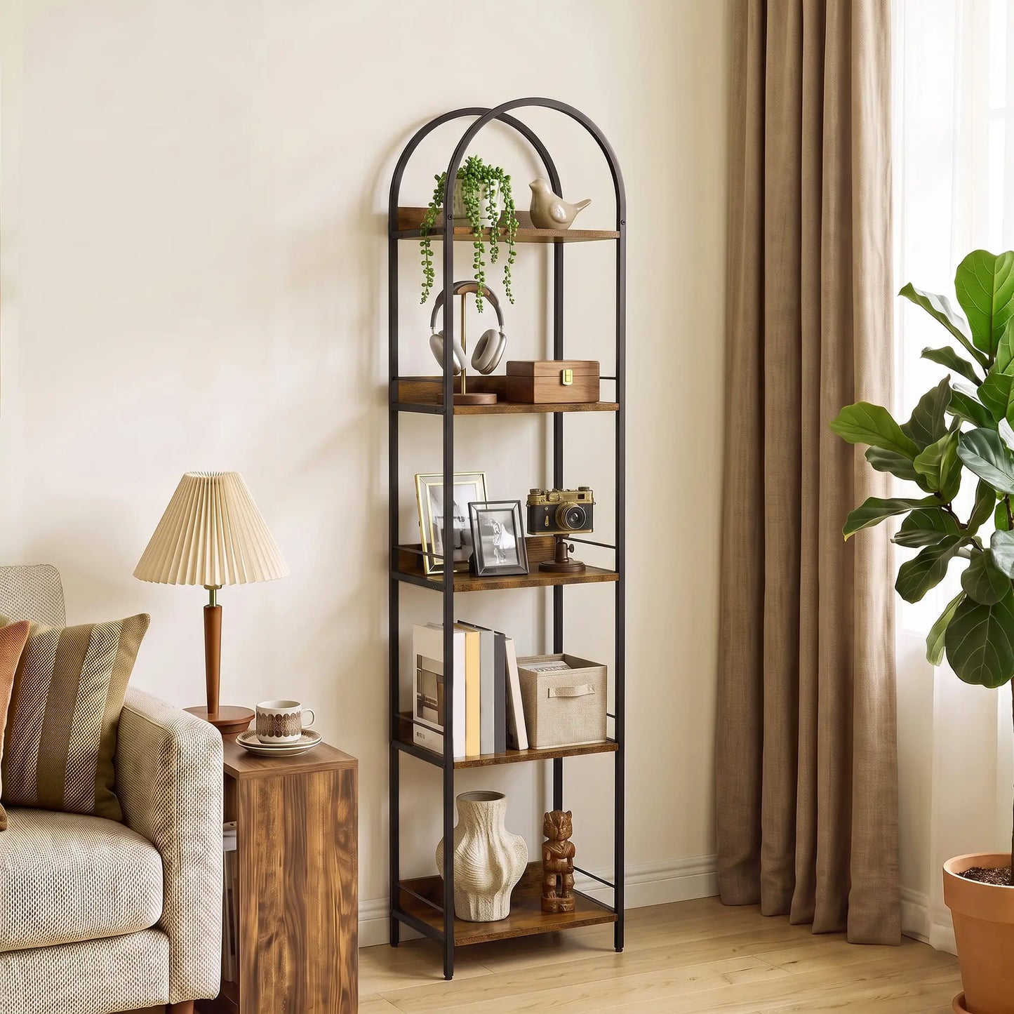 Bookshelf 5 Tier Arched Bookcase, 69.5" Tall, Rustic Brown, Rustic Brown Display Bookshelves at Gallery Canada