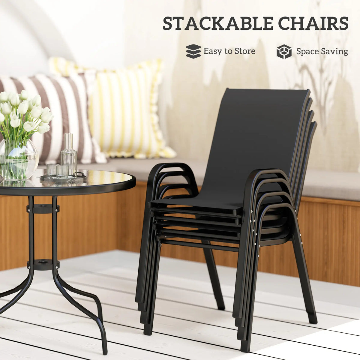 Five-Piece Steel Patio Set, Glass-Top Table, Black