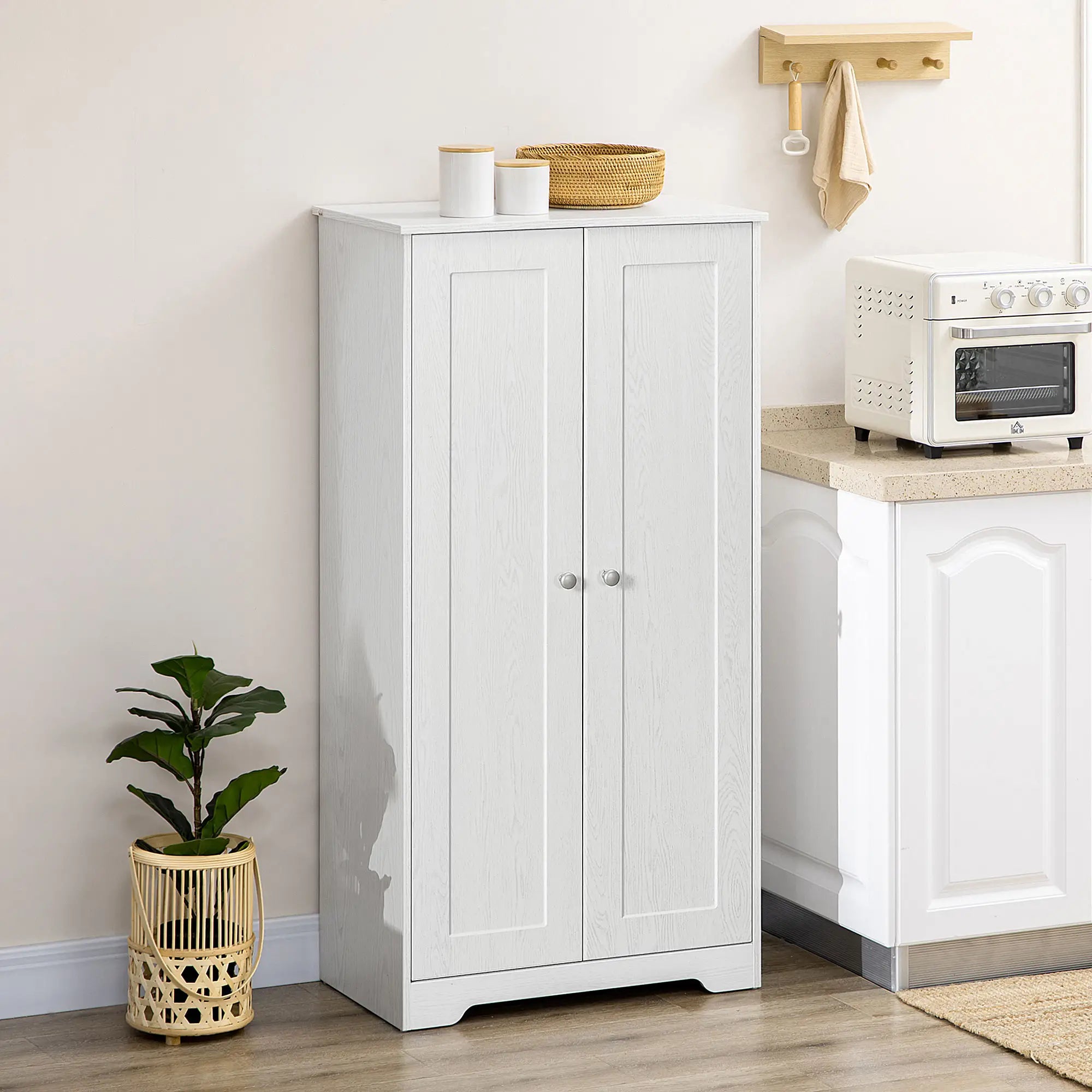 Kitchen Storage Cabinet, 2 Door Pantry with Adjustable Shelves, Distressed White, White Storage Cabinets at Gallery Canada