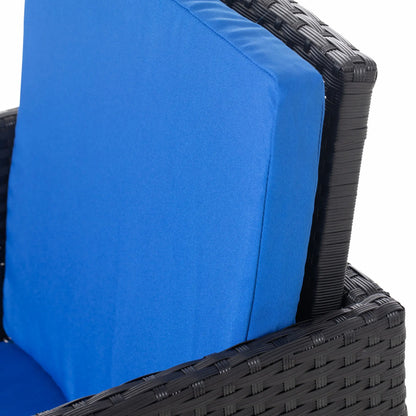 9-Piece Wicker Patio Dining Set, Glass Top Table, Ottomans, Blue Outdoor Dining Sets at Gallery Canada