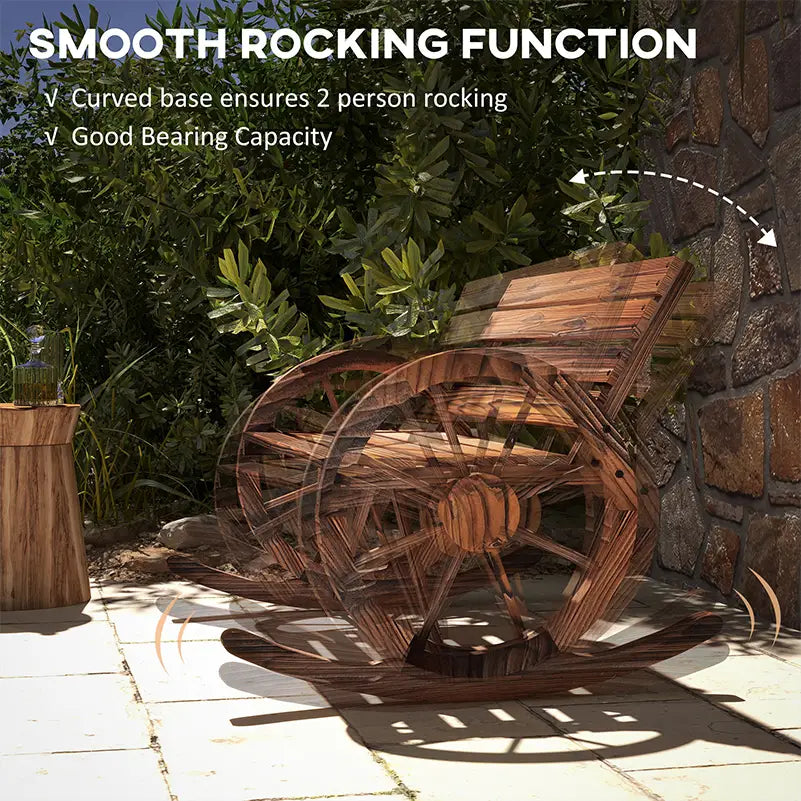 Wood Outdoor Loveseat, Carbonized, Wagon Wheel Armrests Outdoor Rocking Chairs at Gallery Canada