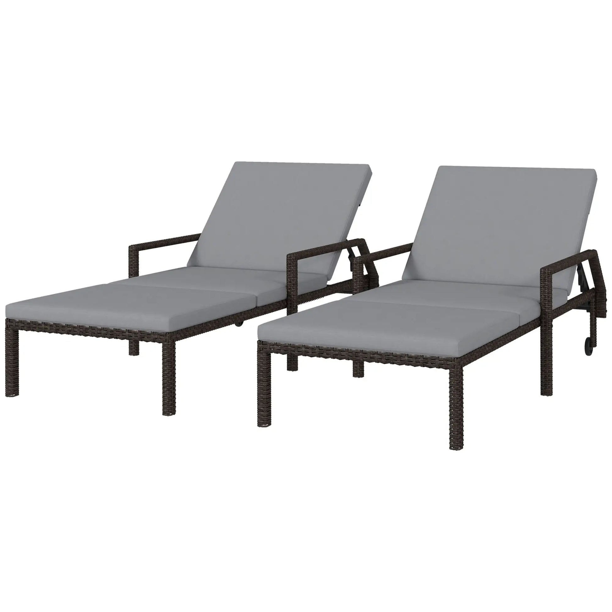 2 Piece Wicker Chaise Lounger, PE Rattan Outdoor Chair, Adjustable Backrest, 2 Wheels, Grey Chaise Loungers Grey at Gallery Canada