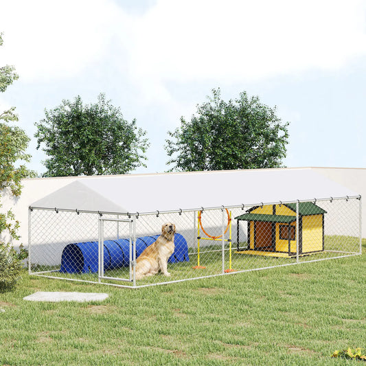 Outdoor Dog Kennel, 19.7' x 7.5' x 4.9', Galvanized Steel Chain Link, Silver Dog Kennels Silver at Gallery Canada