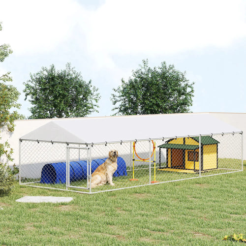 Outdoor Dog Kennel, 19.7' x 7.5' x 4.9', Galvanized Steel Chain Link, Silver