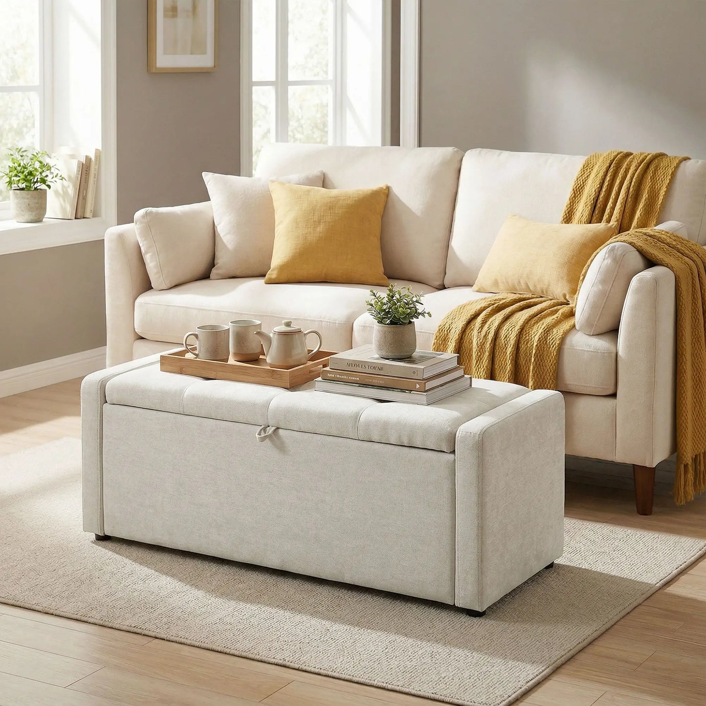 Storage Ottoman Bench, Linen Fabric, Wide Padded Seat, Cream White Storage Ottomans & Benches at Gallery Canada