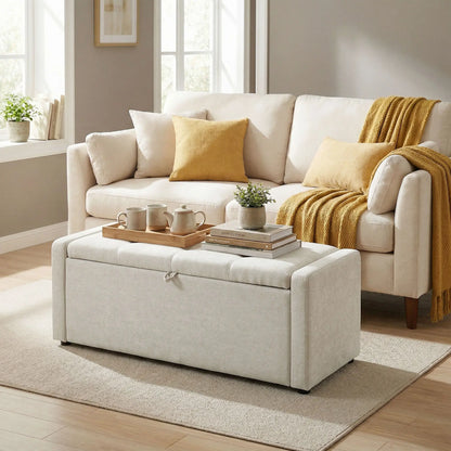 Storage Ottoman Bench, Linen Fabric, Wide Padded Seat, Cream White Storage Ottomans & Benches at Gallery Canada