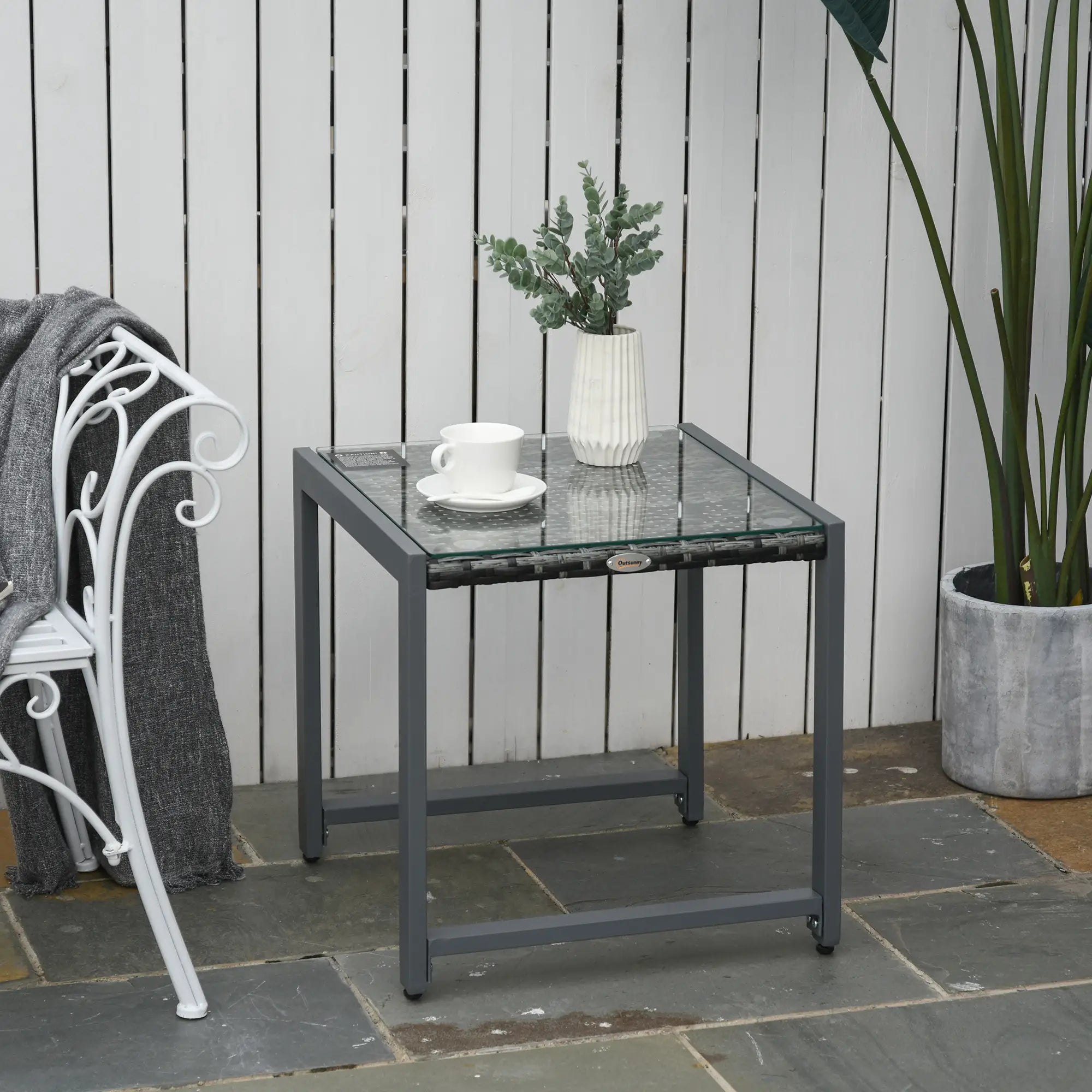 Rattan Coffee Table, Wicker Patio Side Table, Tempered Glass Top, Aluminum Frame, Gray Patio Side Tables at Gallery Canada