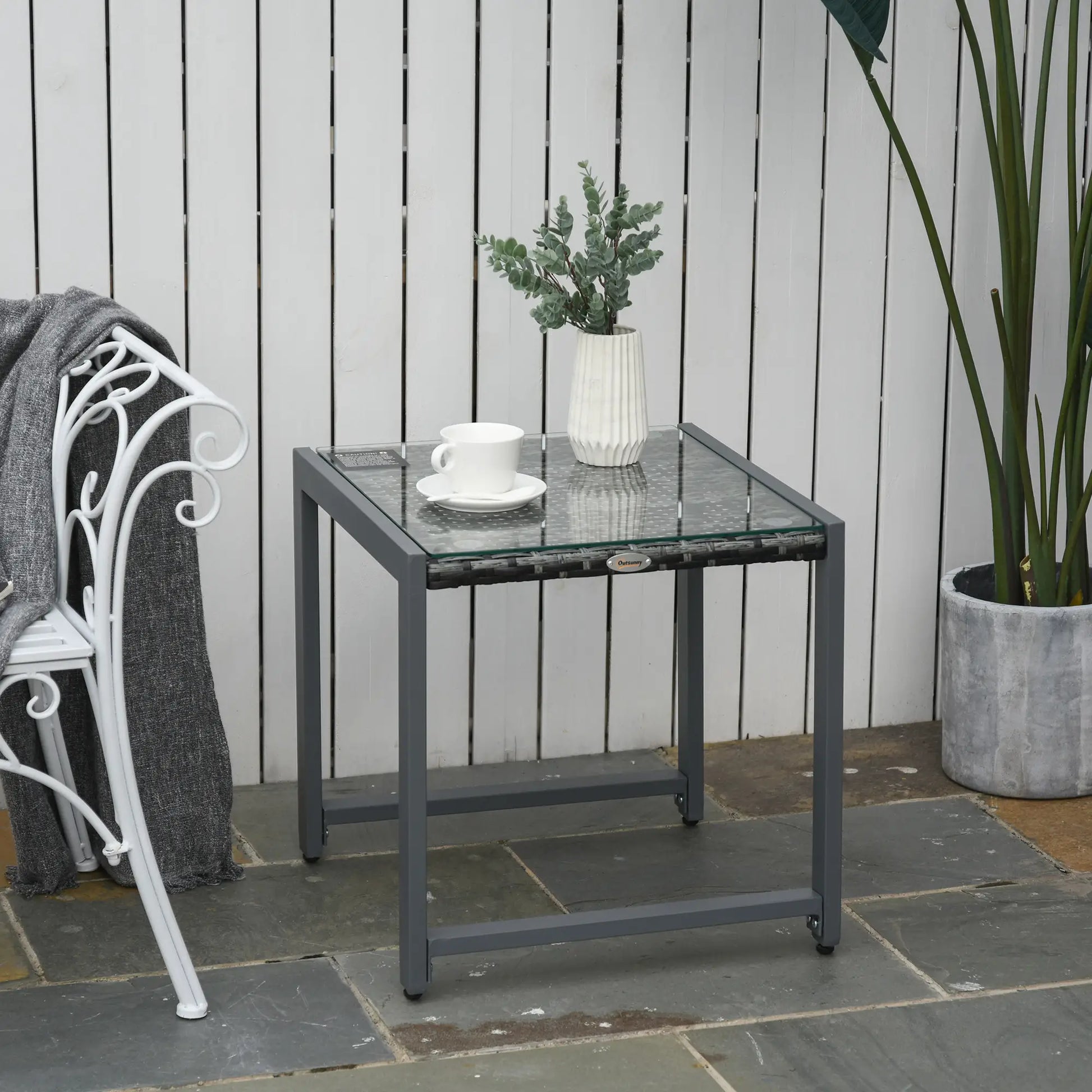 Rattan Coffee Table, Wicker Patio Side Table, Tempered Glass Top, Aluminum Frame, Gray Patio Side Tables at Gallery Canada