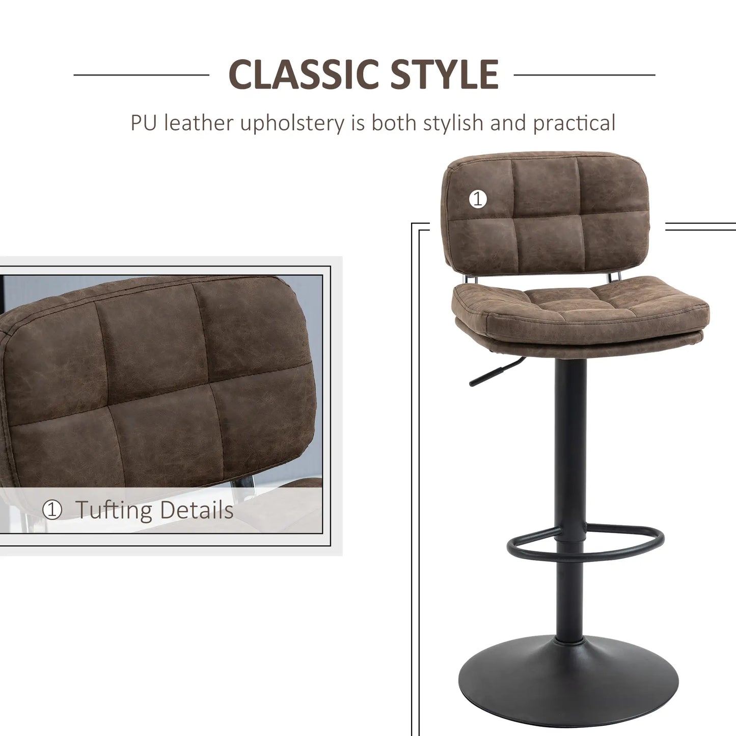 Swivel Counter Height Bar Stools Set of 2, Adjustable Height, PU Leather