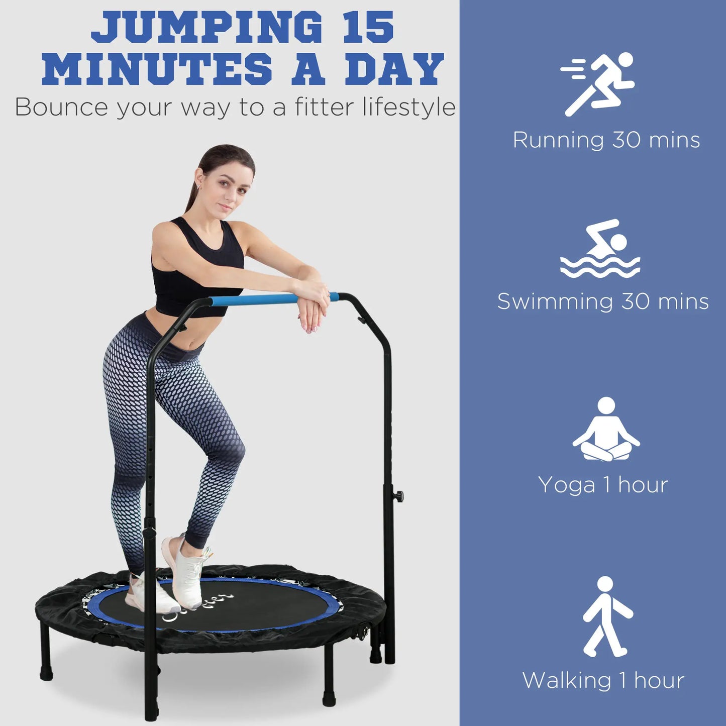 40" Foldable Mini Fitness Trampoline, Adjustable Foam Handle, Blue Trampolines at Gallery Canada
