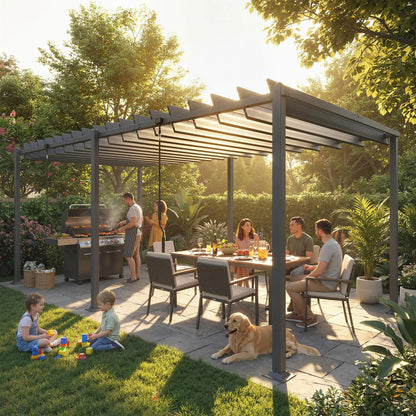 10' x 19' Dark Grey Louvered Pergola, UPF50+ Adjustable Roof, Aluminum Frame, Dark Grey Pergolas at Gallery Canada