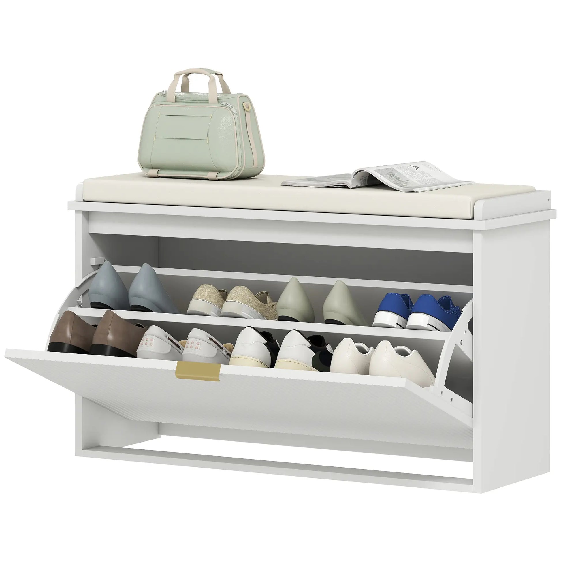 Entryway Bench with Padded Seat, Flip-Drawers, Holds 265lbs, Shoe Storage for 8 Pairs, White Shoe Storage Cabinets & Racks White, Beige at Gallery Canada