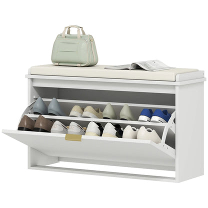Entryway Bench with Padded Seat, Flip-Drawers, Holds 265lbs, Shoe Storage for 8 Pairs, White Shoe Storage Cabinets & Racks White, Beige at Gallery Canada