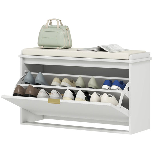 Entryway Bench with Padded Seat, Flip-Drawers, Holds 265lbs, Shoe Storage for 8 Pairs, White Shoe Storage Cabinets & Racks White, Beige at Gallery Canada