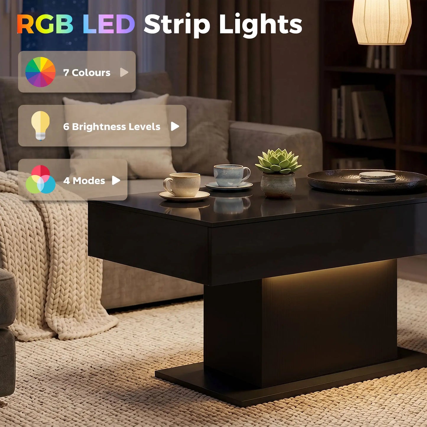 LED Coffee Table with Storage, High Gloss Modern Center Table with 2 Drawers and Remote Control for Living Room, Black