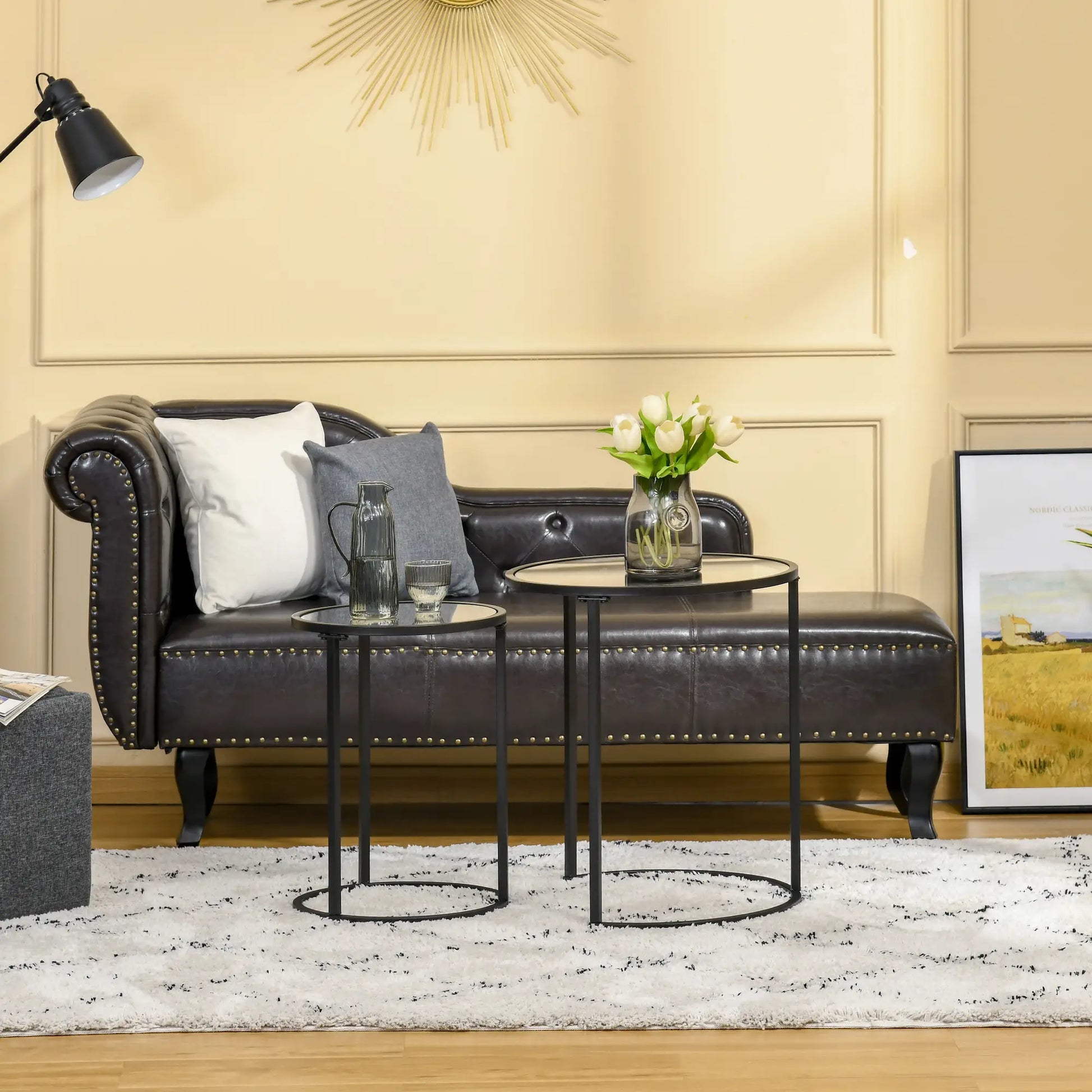 Set of 2 Nesting Coffee Tables, Round Side Table with Tempered Glass Top, Black Side Tables at Gallery Canada