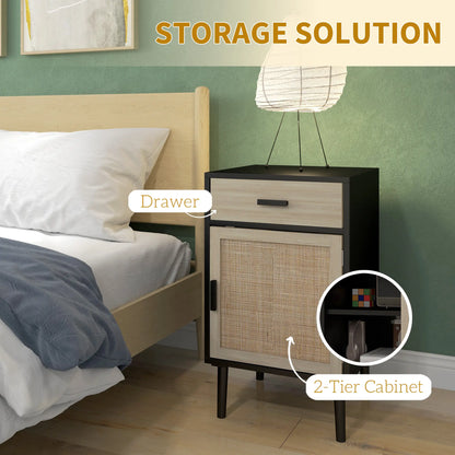 Boho Bedside Tables Set of 2, Nightstands with Drawer, Rattan Cabinet, Black Bedside Tables at Gallery Canada
