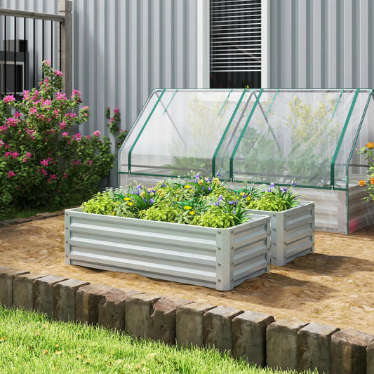 Galvanized Raised Garden Beds, Outdoor Planter Box, Set of 2, Silver Galvanized Planter Boxes Silver at Gallery Canada