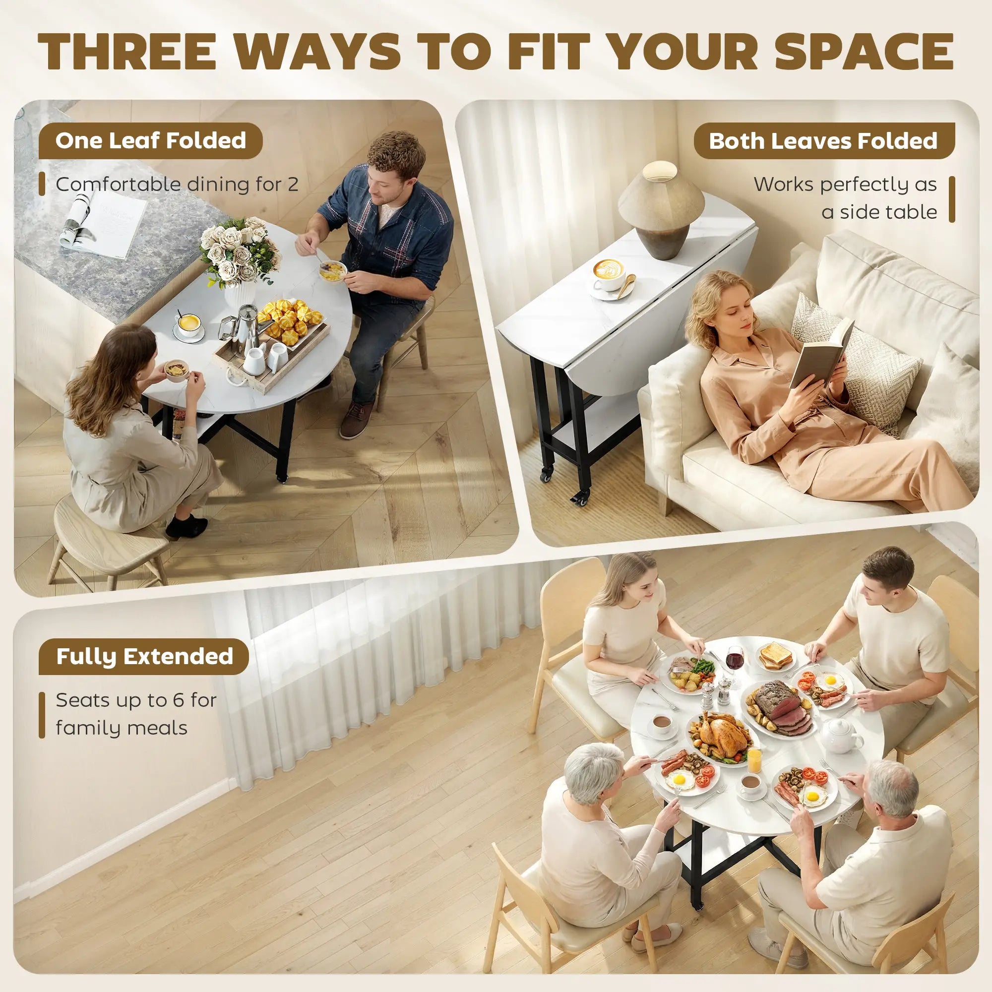 Folding Drop Leaf Table, White Marble, Open Shelf, Rolling Kitchen Table, White Dining Tables at Gallery Canada