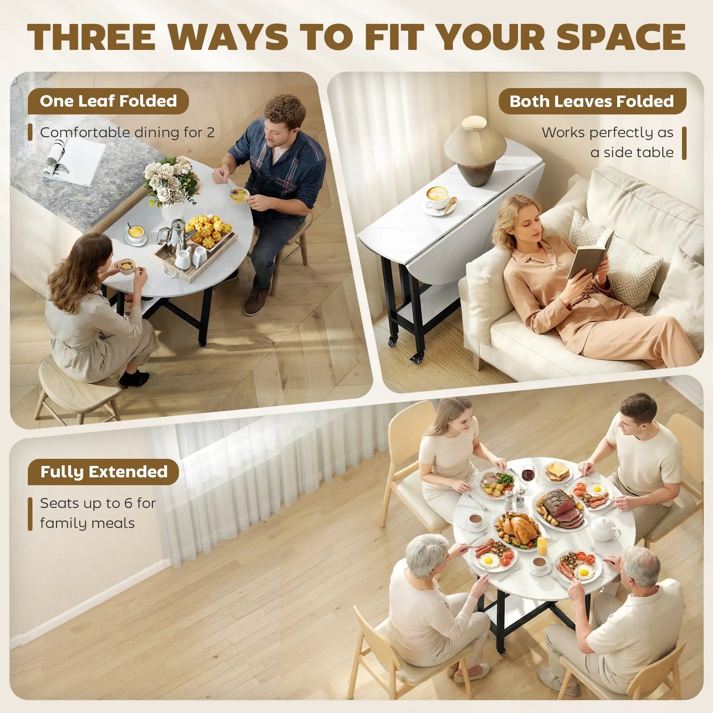 Folding Drop Leaf Table, White Marble, Open Shelf, Rolling Kitchen Table, White Dining Tables at Gallery Canada