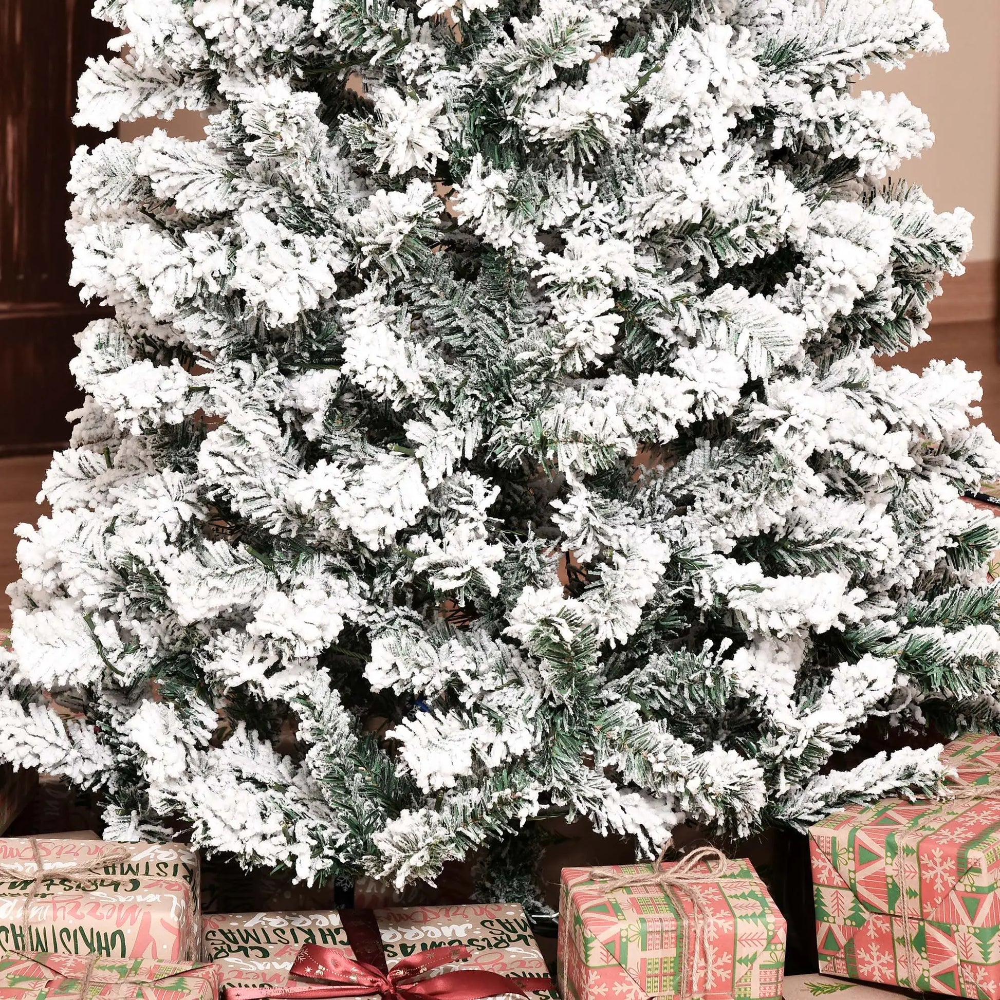 7.5 Feet Prelit Snow Flocked Christmas Tree, Warm White LED, Green, White Pre Lit Christmas Trees at Gallery Canada