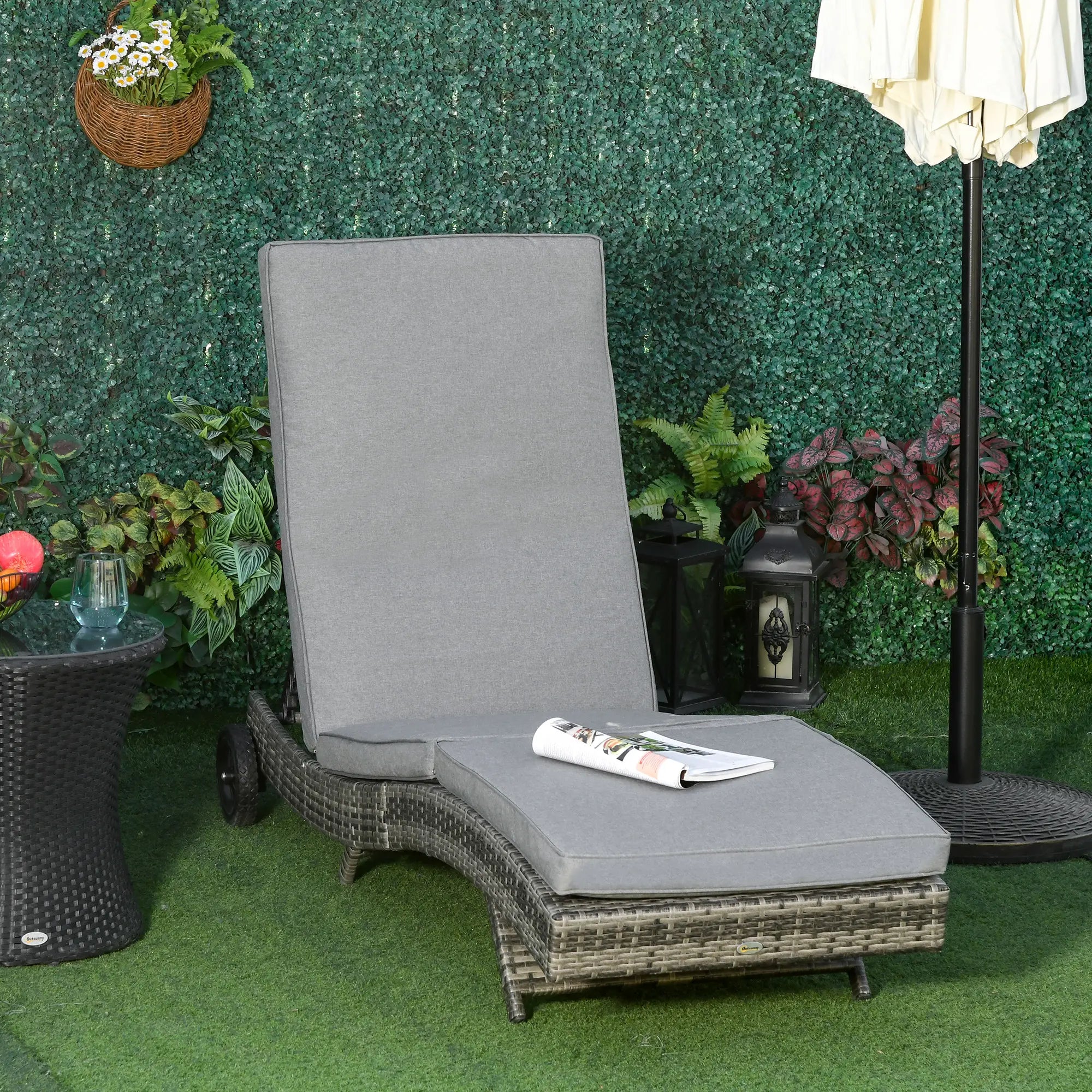 Adjustable Wicker Chaise Lounge Chair with Cushion, Wheels, Grey Chaise Loungers at Gallery Canada