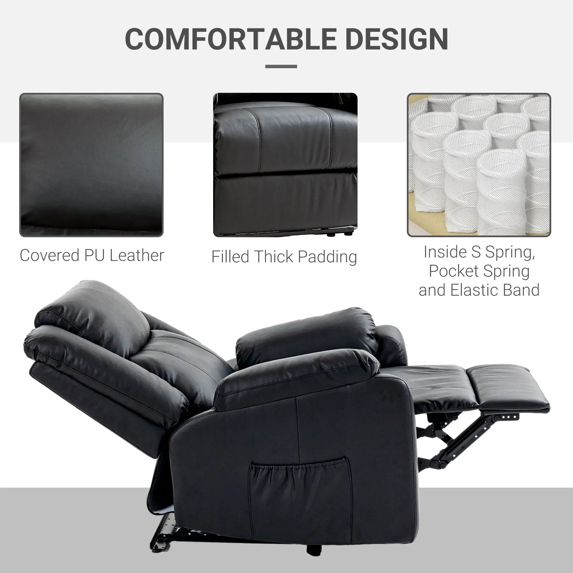 PU Leather Reclining Chair, Recliner Chair for Living Room with Footrest and 2 Side Pockets, Black Single Sofas at Gallery Canada