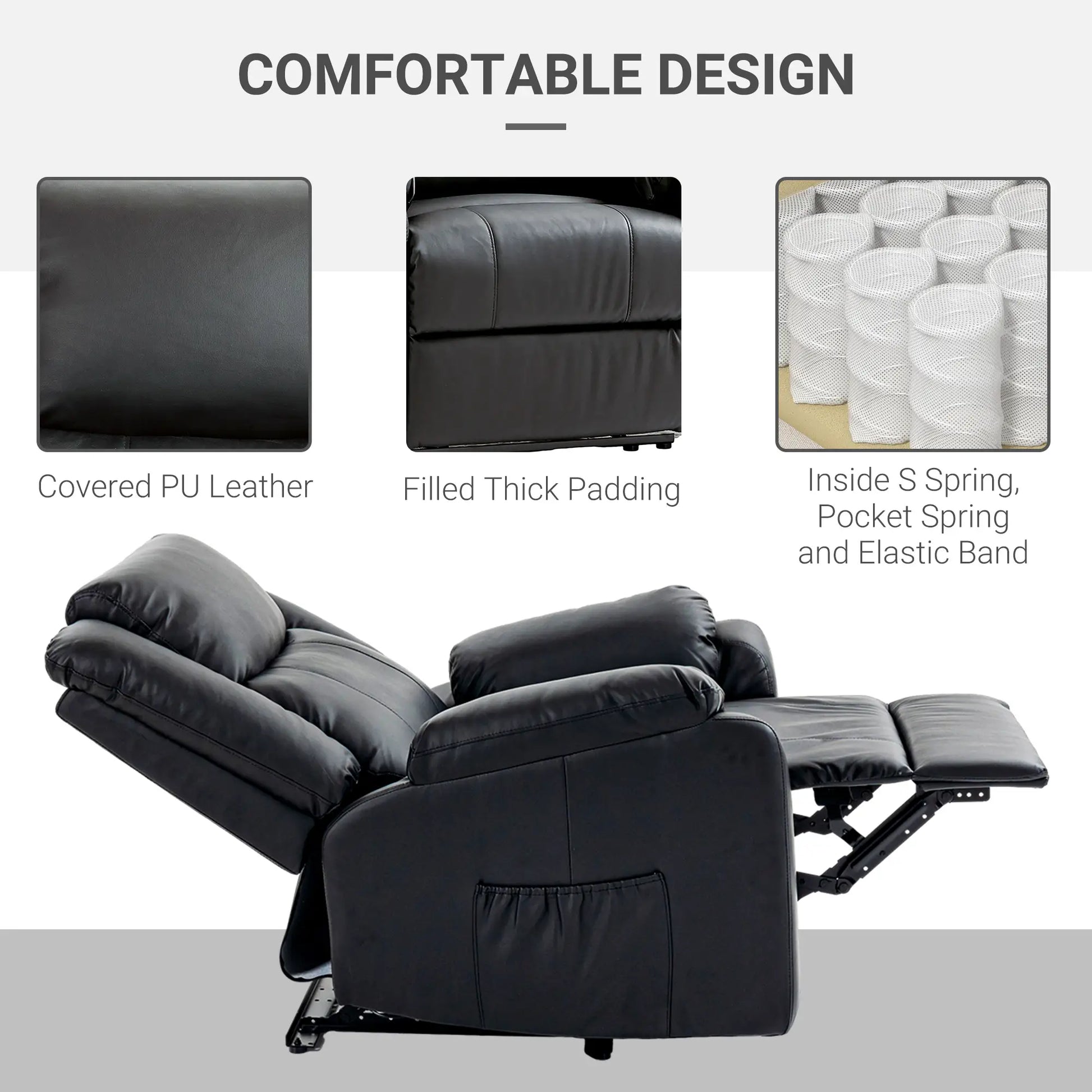 PU Leather Reclining Chair, Recliner Chair for Living Room with Footrest and 2 Side Pockets, Black Single Sofas at Gallery Canada