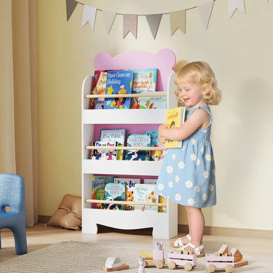 3-Tier Bear Theme Kids Bookshelf, Anti-Tip, 36.6L x 11.8W x 35.4H Inches, Pink Baby & Kids Storage Nature wood finish and white at Gallery Canada