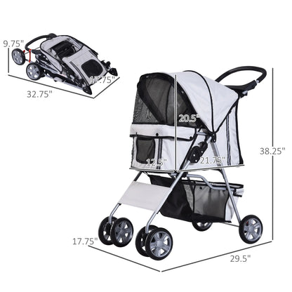 4 Wheel Dog Pet Stroller Dog Cat Carrier Folding Sunshade Canopy with Brake, Safety Leash, Cup Holder, Grey Dog Bike Trailers & Strollers at Gallery Canada