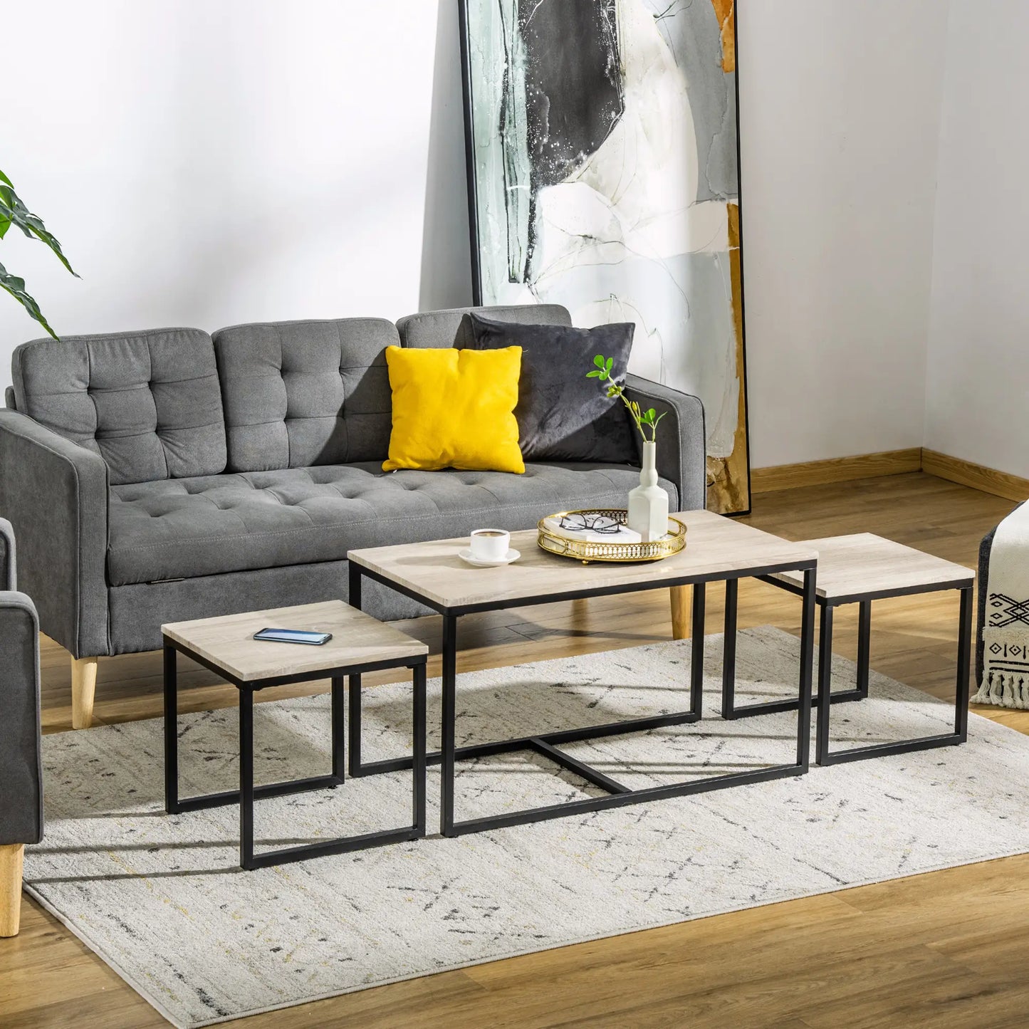 Nesting Coffee Table Set of 3, Metal Frame, Natural, Black Coffee Tables at Gallery Canada