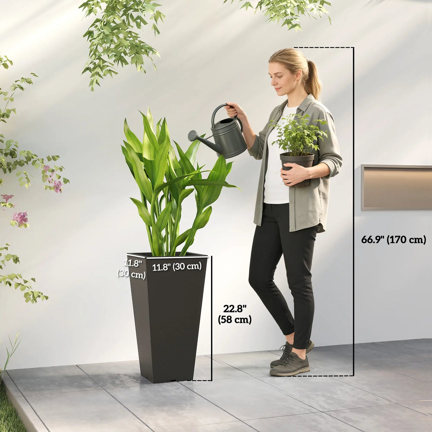 23" Tall Planters Set Of 2, Indoor Outdoor Stackable, Black Marble Finish, Black Planter Set at Gallery Canada
