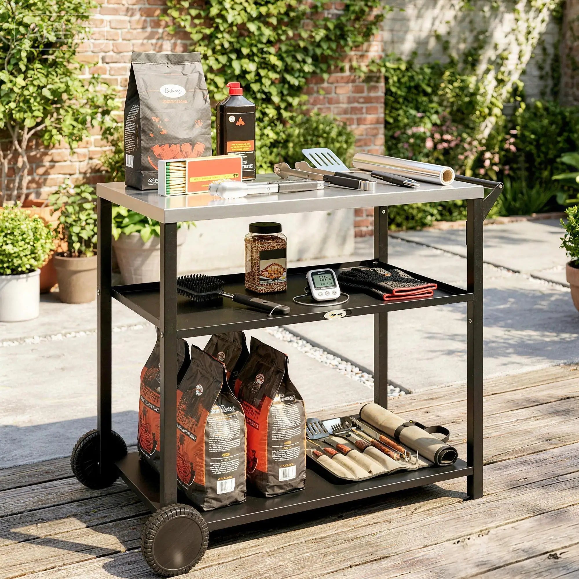 Outdoor Grill Cart, Stainless Steel Top, Three-Tier Pizza Oven Stand, Black Outdoor Grill Carts at Gallery Canada