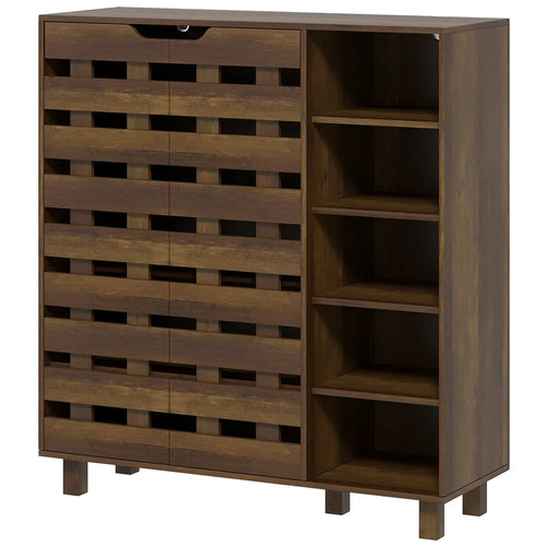 21 Pair Shoe Cabinet, 5-Tier Double Door, 5-Tier Open Shelves, Brown