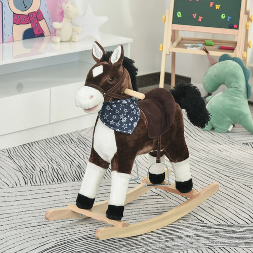 Kids Plush Ride-On Rocking Horse, Realistic Sounds, 3-6 Years, Brown