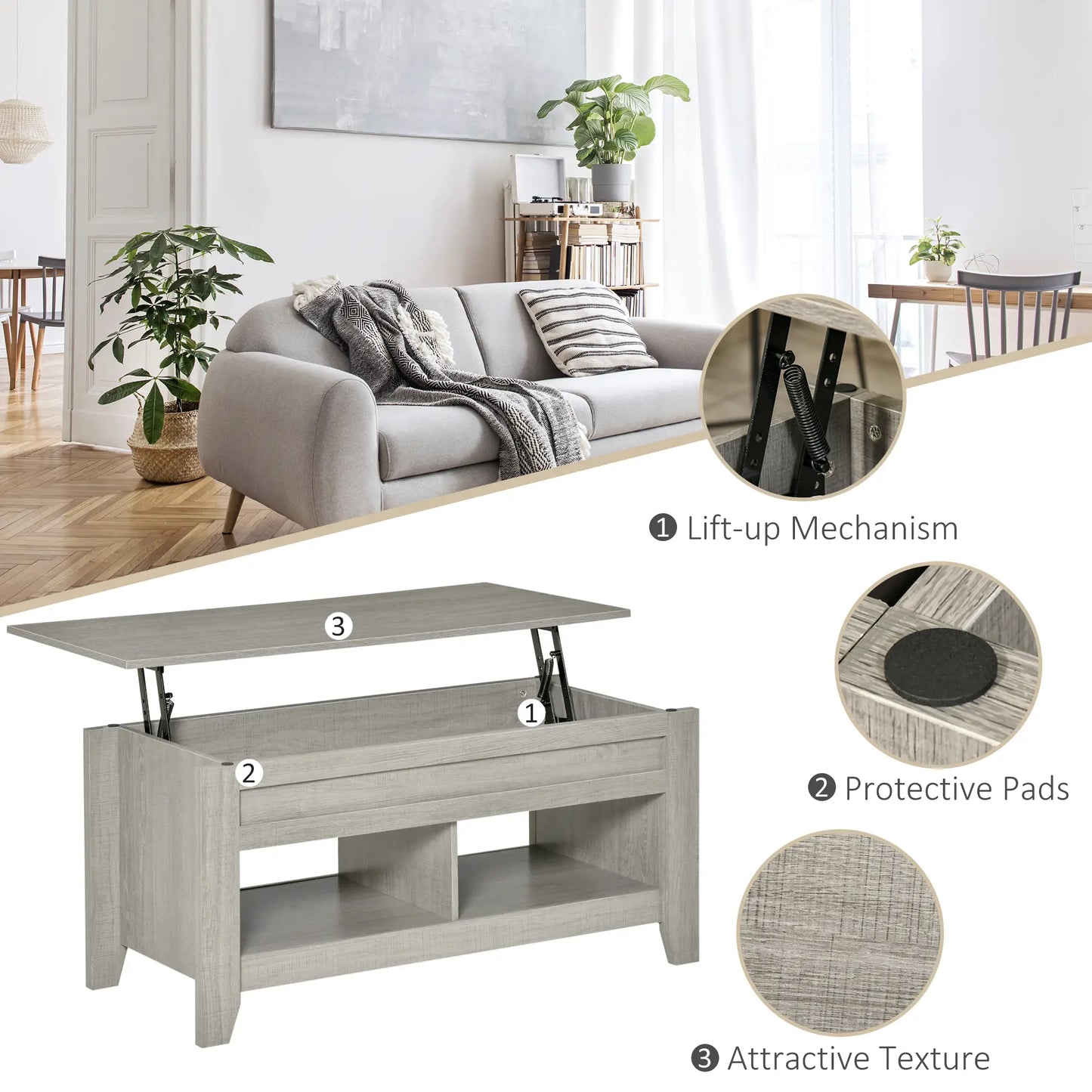 Lift Top Coffee Table, Hidden Storage, Open Shelves, Light Grey Coffee Tables at Gallery Canada