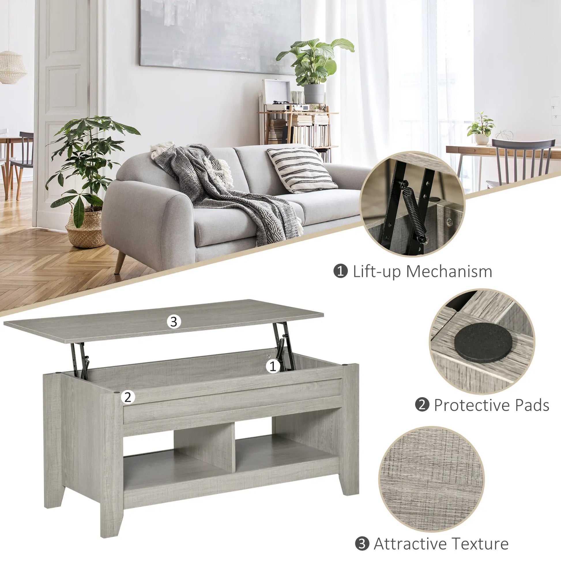 Lift Top Coffee Table, Hidden Storage, Open Shelves, Light Grey Coffee Tables at Gallery Canada